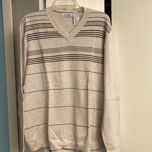 V Neck Men Sweater size L Light Cream with different shades of brown stripes.